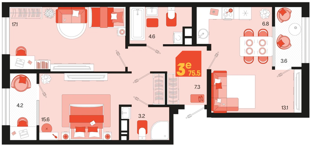Планировка 3-комн. квартира, 75.5 м² ЖК «Первое место»
