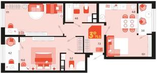 Планировка 3-комн. квартира, 75.5 м² ЖК «Первое место»