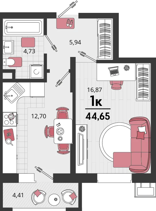 Планировка 1-комн. квартира, 44.65 м² ЖК «Родные просторы»