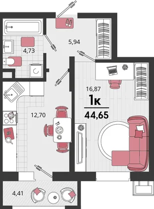 Планировка 1-комн. квартира, 44.65 м² ЖК «Родные просторы»