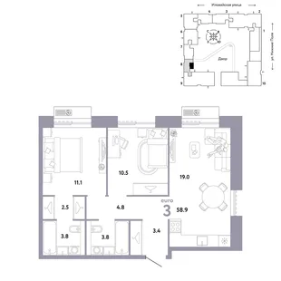 Планировка 3-комн. квартира, 58.9 м² ЖК «Страна.Заречная»