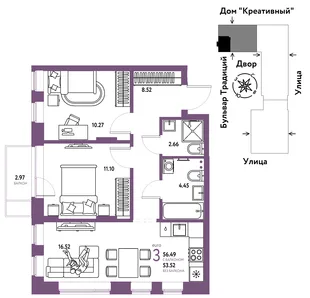 Планировка 3-комн. квартира, 56.49 м² ЖК «Микрорайон Домашний»