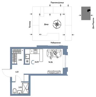 Планировка Студия, 24.91 м² ЖК «Европейский берег 2.0»