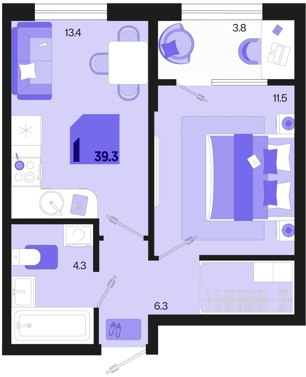 Планировка 1-комн. квартира, 39.3 м² ЖК «Первое место»