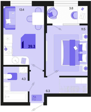 Планировка 1-комн. квартира, 39.3 м² ЖК «Первое место»