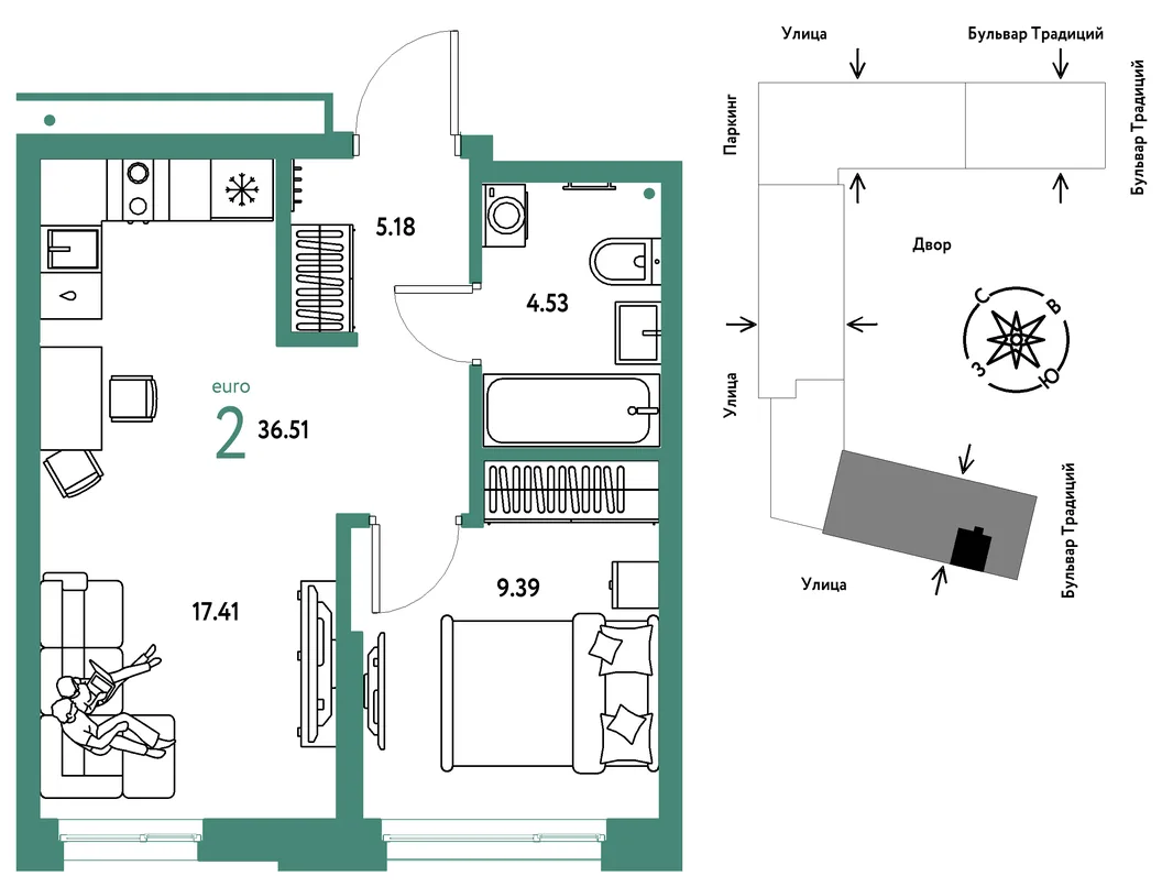 Планировка 2-комн. квартира, 36.51 м² ЖК «Микрорайон Домашний»
