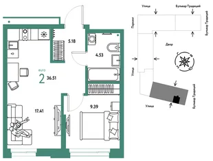 Планировка 2-комн. квартира, 36.51 м² ЖК «Микрорайон Домашний»