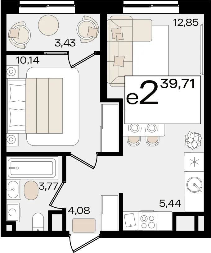 Планировка 2-комн. квартира, 39.71 м² ЖК «Патрики»