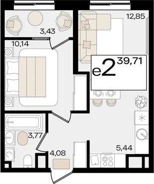Планировка 2-комн. квартира, 39.71 м² ЖК «Патрики»