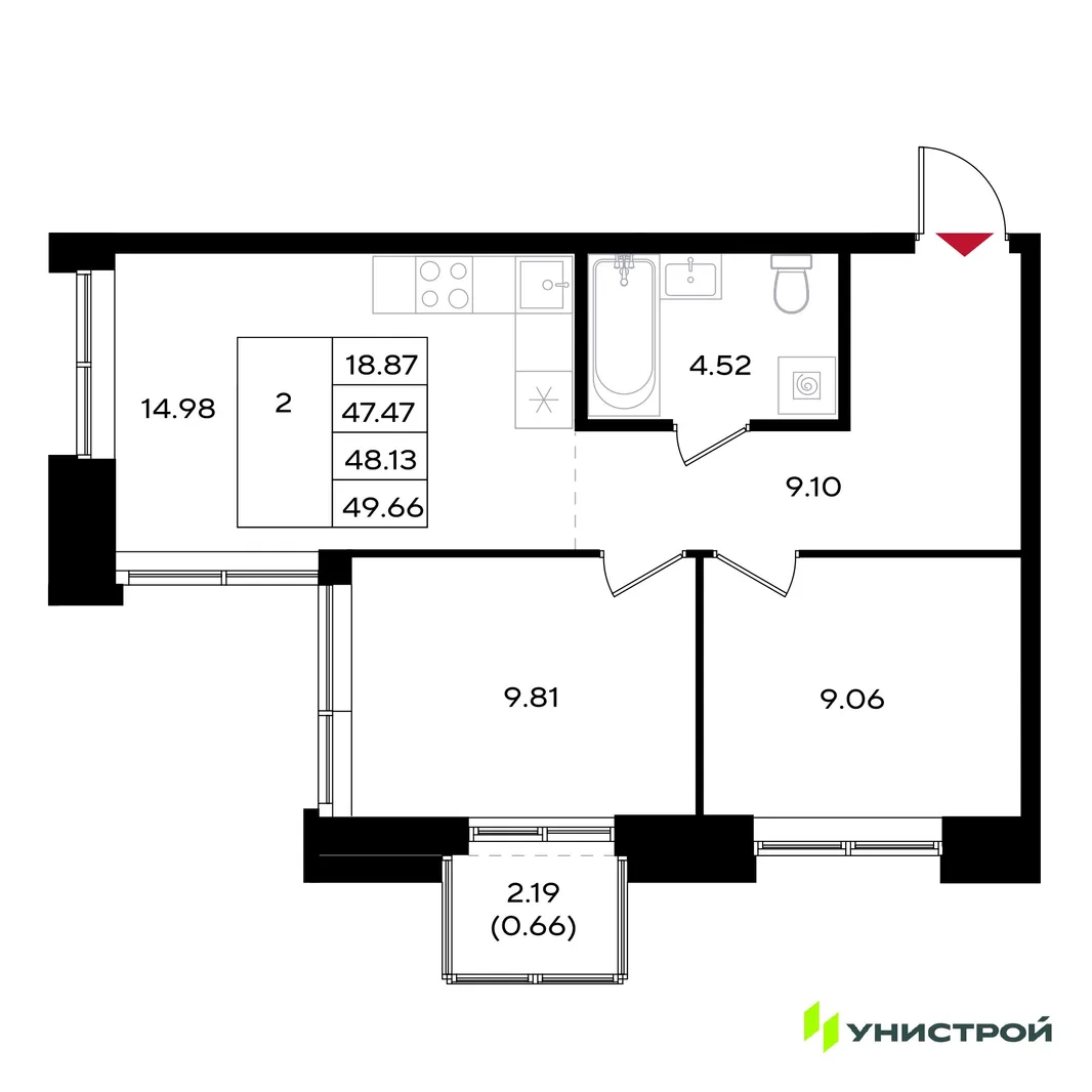 Планировка 2-комн. квартира, 48.13 м² ЖК «Уникум на Энгельса»