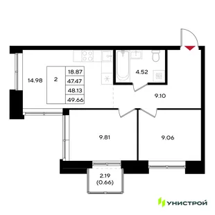 Планировка 2-комн. квартира, 48.13 м² ЖК «Уникум на Энгельса»