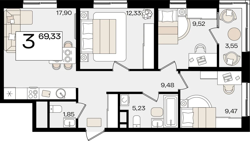 Планировка 3-комн. квартира, 69.33 м² ЖК «Патрики»