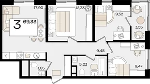 Планировка 3-комн. квартира, 69.33 м² ЖК «Патрики»