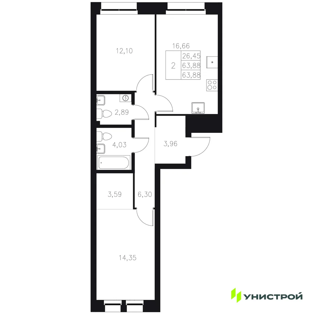 Планировка 2-комн. квартира, 63.88 м² ЖК «Statum»