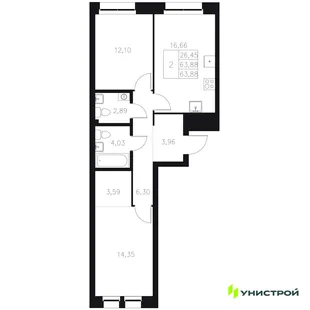 Планировка 2-комн. квартира, 63.88 м² ЖК «Statum»