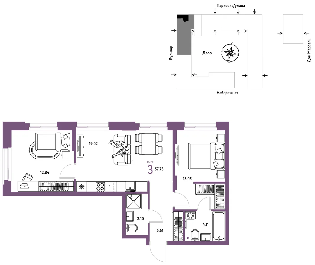 Планировка 3-комн. квартира, 57.73 м² ЖК «Европейский берег 2.0»