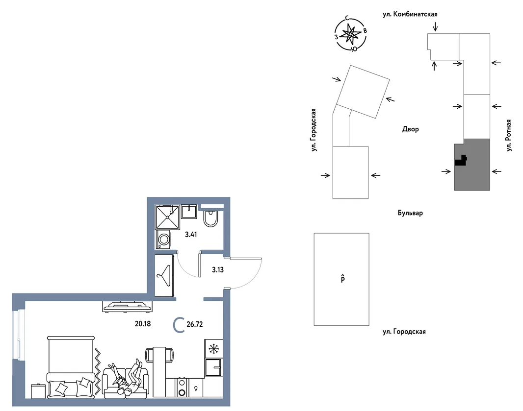Планировка Студия, 26.72 м² ЖК «Уральский сад»