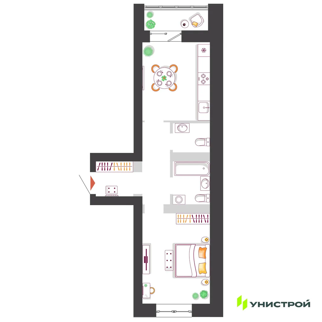 Планировка 1-комн. квартира, 42.44 м² ЖК «Южный бульвар 2»
