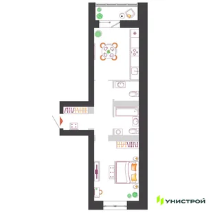Планировка 1-комн. квартира, 42.44 м² ЖК «Южный бульвар 2»