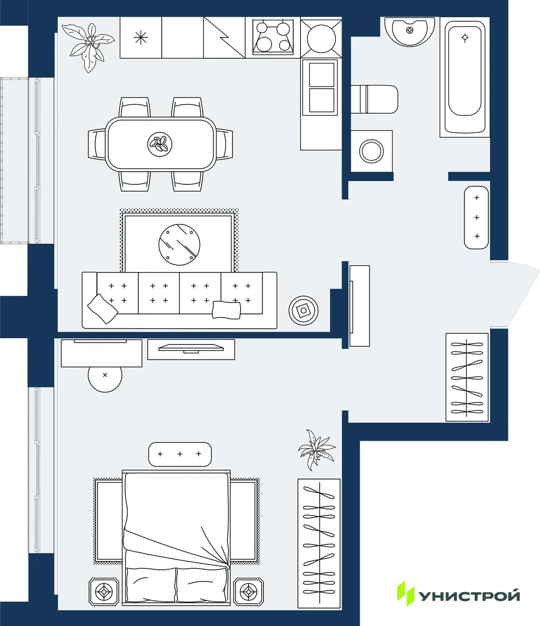Планировка 1-комн. квартира, 46.48 м² ЖК «ГРАНД БЕРЕГ»