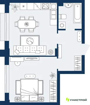 Планировка 1-комн. квартира, 46.48 м² ЖК «ГРАНД БЕРЕГ»