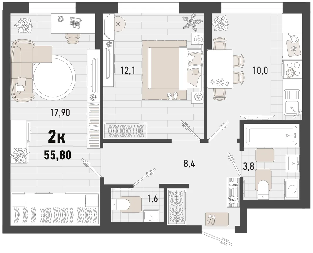 Планировка 2-комн. квартира, 53.8 м² ЖК «Барса»