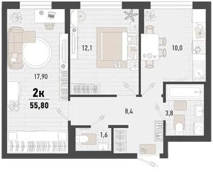 Планировка 2-комн. квартира, 53.8 м² ЖК «Барса»