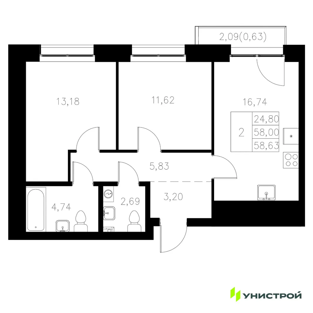 Планировка 2-комн. квартира, 58.63 м² ЖК «Statum»
