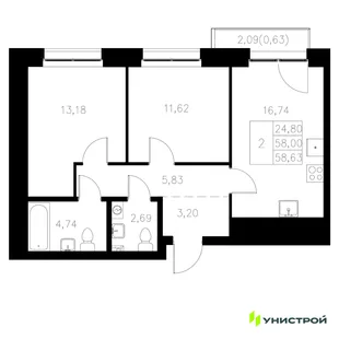 Планировка 2-комн. квартира, 58.63 м² ЖК «Statum»