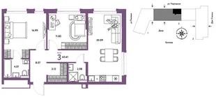 Планировка 3-комн. квартира, 65.74 м² ЖК «Авторский»