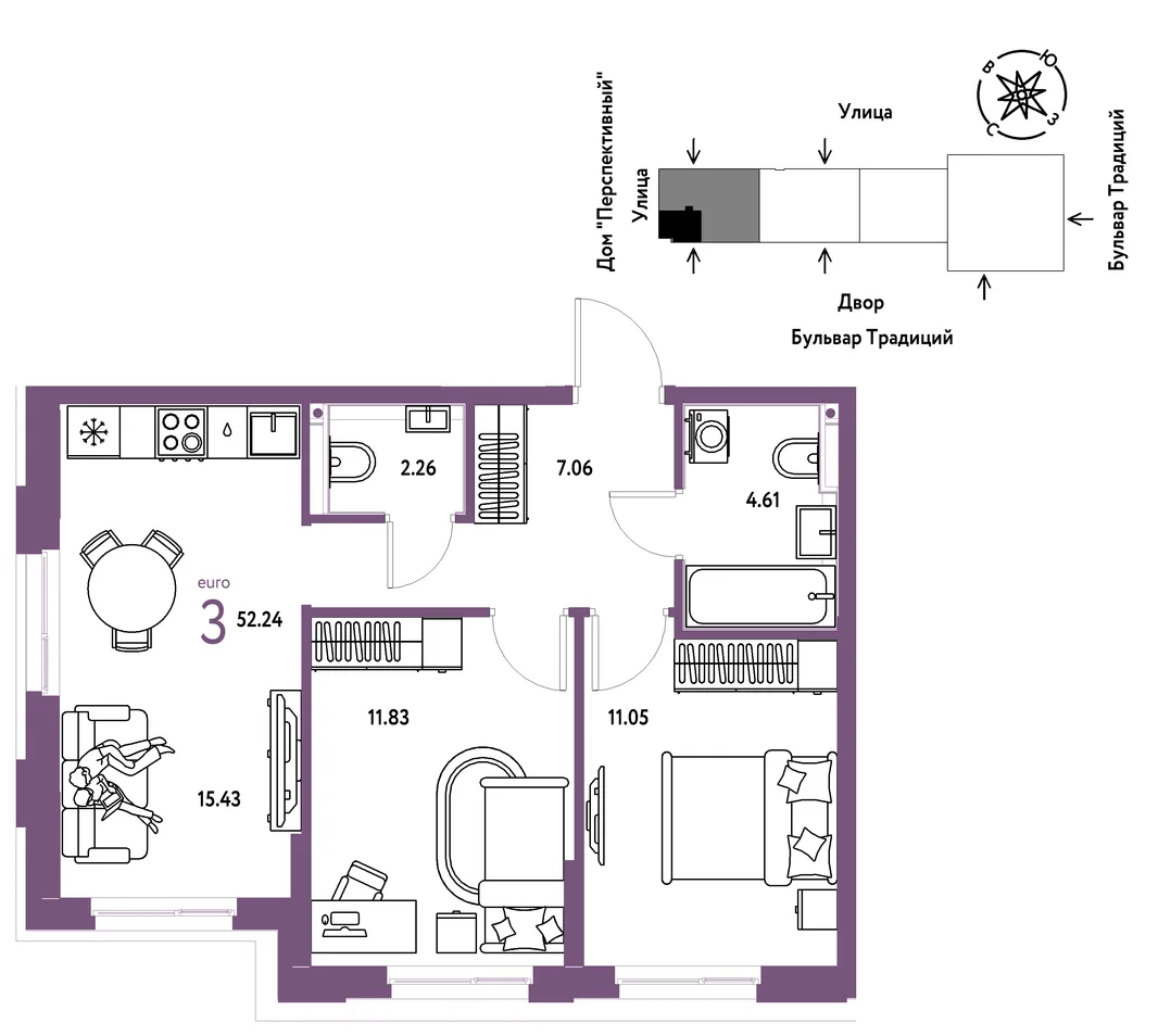 Планировка 3-комн. квартира, 52.24 м² ЖК «Микрорайон Домашний»