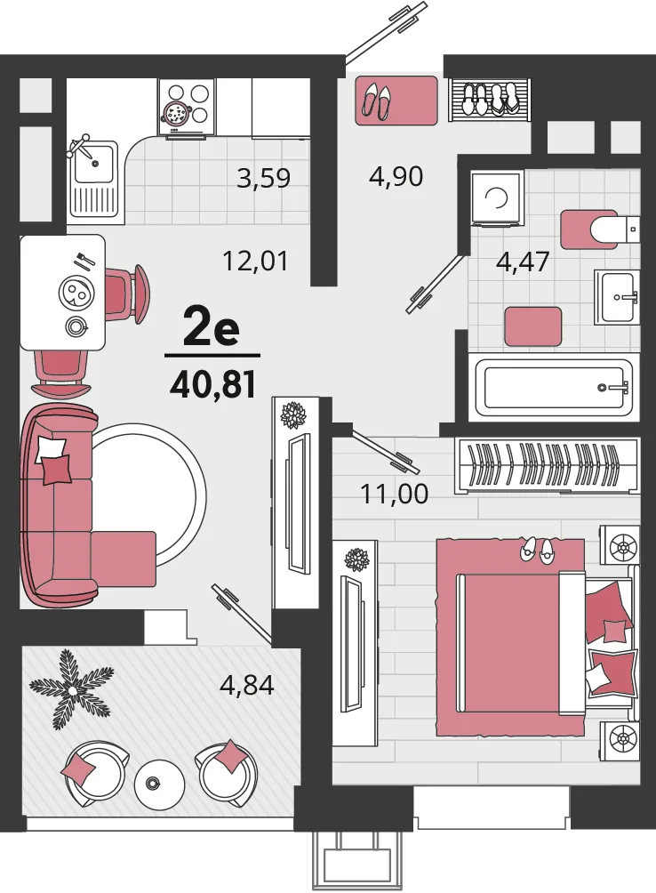 Планировка 2-комн. квартира, 40.81 м² ЖК «Родные просторы»