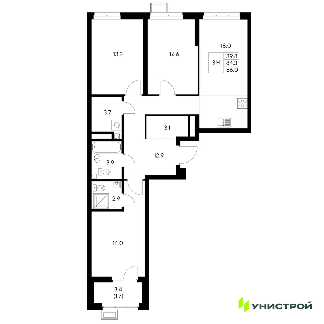 Планировка 3-комн. квартира, 86 м² ЖК «Стадиум»