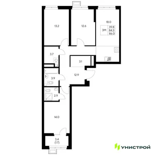 Планировка 3-комн. квартира, 86 м² ЖК «Стадиум»