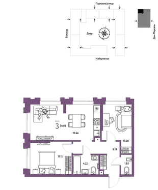 Планировка 3-комн. квартира, 56.06 м² ЖК «Европейский берег 2.0»
