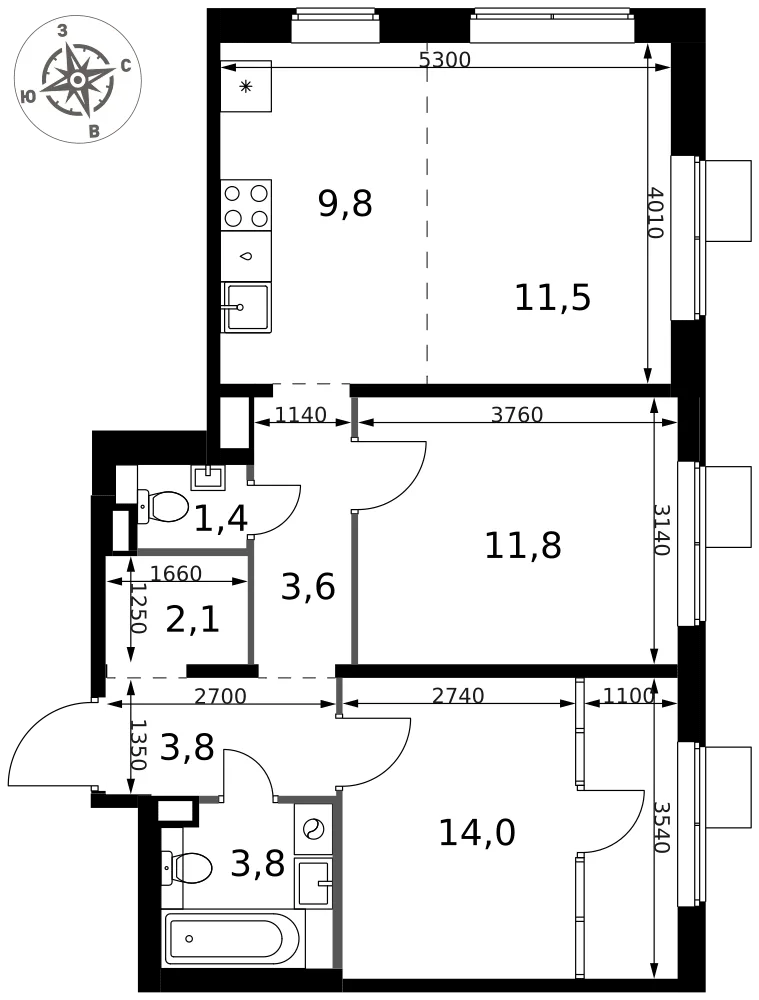Планировка 3-комн. квартира, 61.8 м² ЖК «1-й Химкинский»
