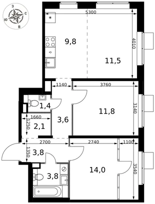 Планировка 3-комн. квартира, 61.8 м² ЖК «1-й Химкинский»