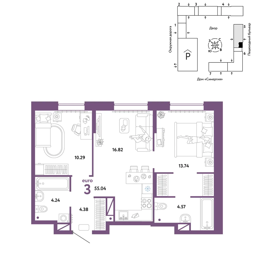 Планировка 3-комн. квартира, 54.04 м² ЖК «Юнион»