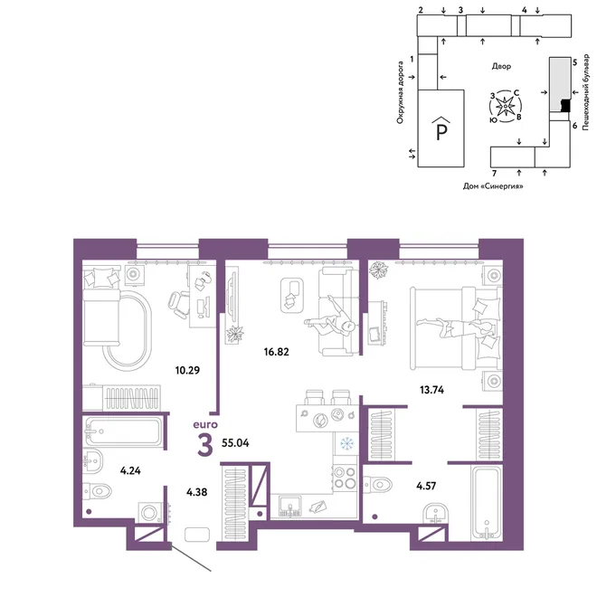 Планировка 3-комн. квартира, 54.04 м² ЖК «Юнион» Планировка 3-комн. квартира, 54.04 м² ЖК «Юнион»