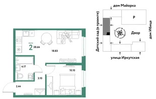 Планировка 2-комн. квартира, 38.64 м² ЖК «Остров-сад»