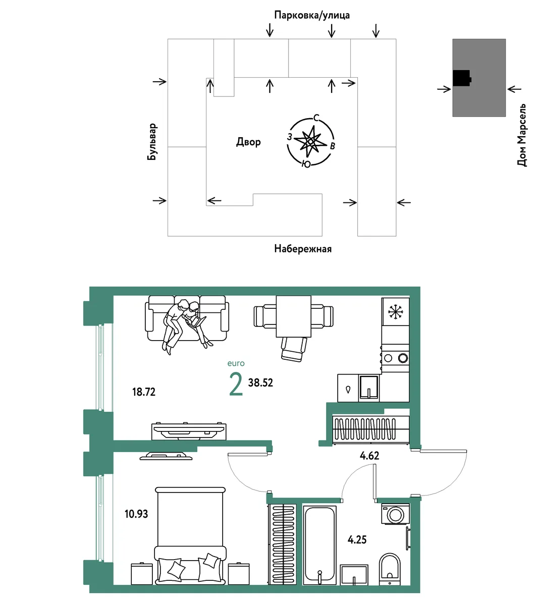 Планировка 2-комн. квартира, 38.52 м² ЖК «Европейский берег 2.0»