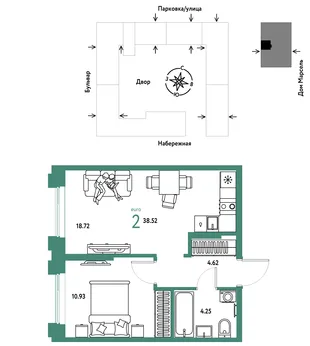 Планировка 2-комн. квартира, 38.52 м² ЖК «Европейский берег 2.0»