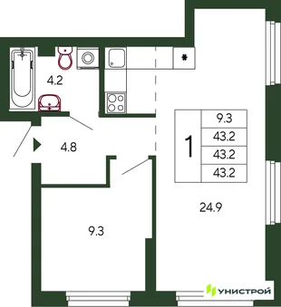 Планировка 1-комн. квартира, 43.2 м² ЖК «Парковый квартал 2.0»