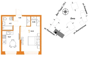 Планировка 1-комн. квартира, 35.33 м² ЖК «Страна.Парковая»