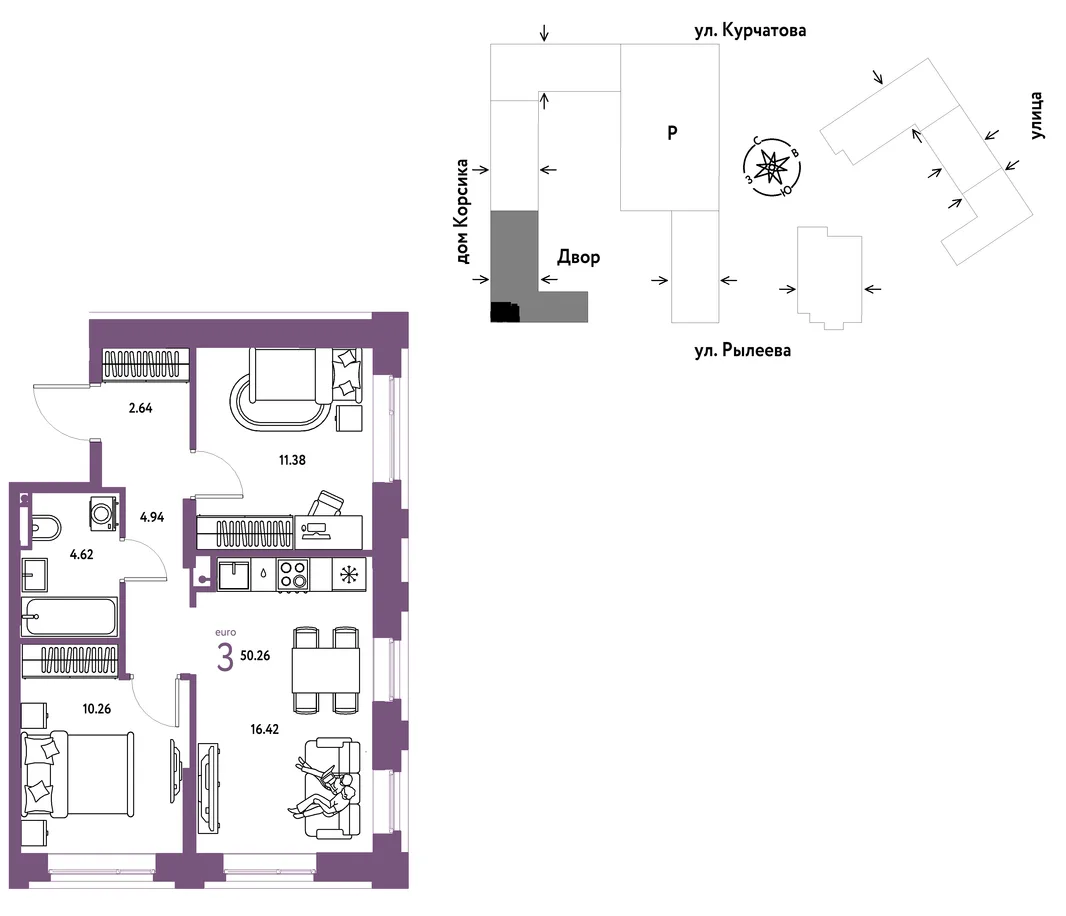 Планировка 3-комн. квартира, 50.27 м² ЖК «Остров-сад»