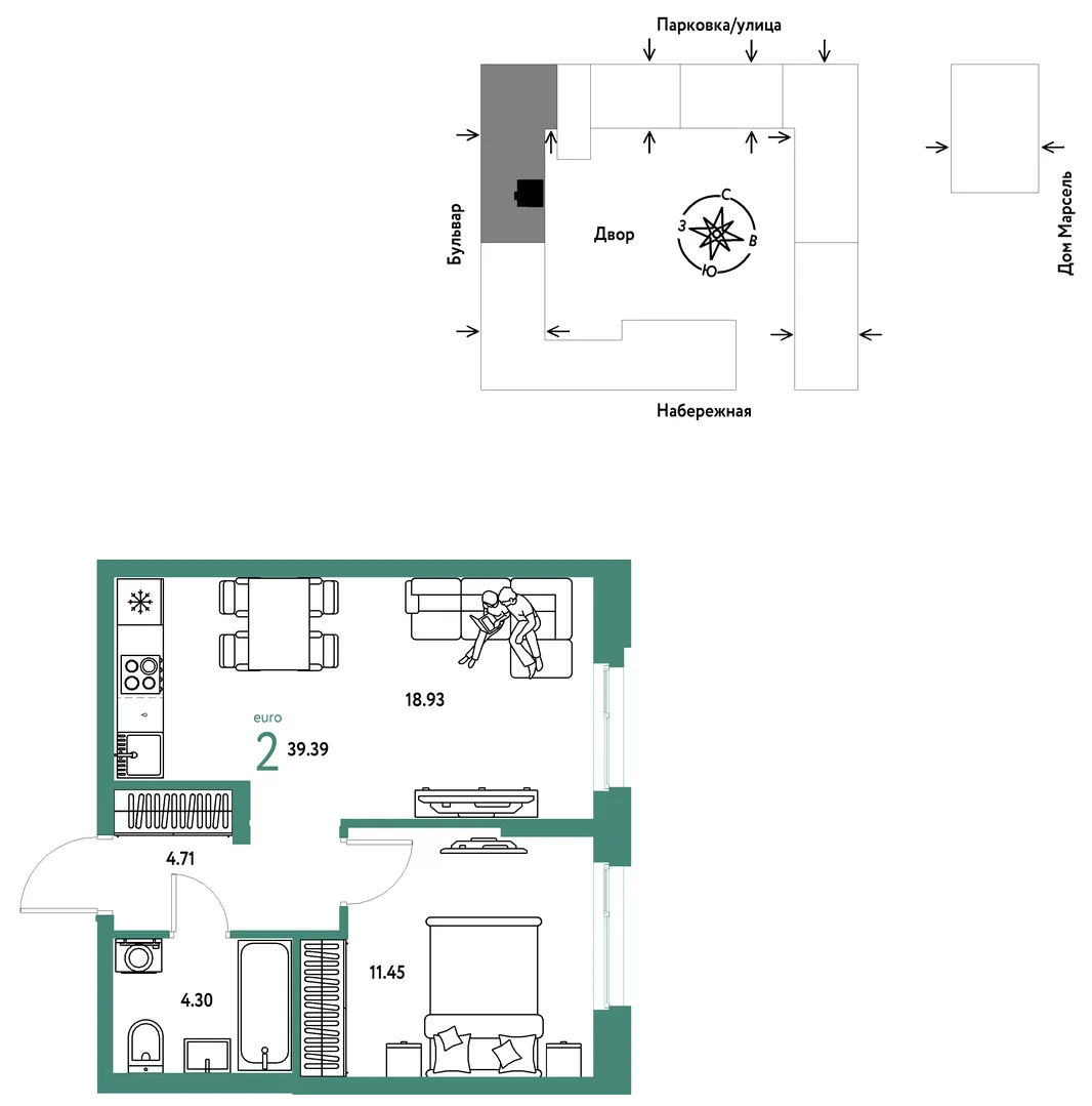 Планировка 2-комн. квартира, 39.39 м² ЖК «Европейский берег 2.0»
