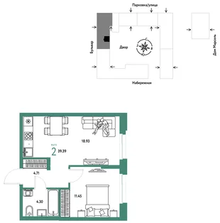 Планировка 2-комн. квартира, 39.39 м² ЖК «Европейский берег 2.0»