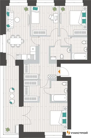 Планировка 3-комн. квартира, 89.02 м² ЖК «Аквамарин»