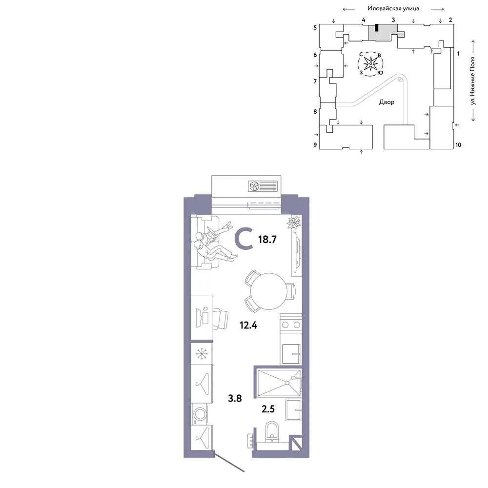 Планировка Студия, 18.7 м² ЖК «Страна.Заречная»