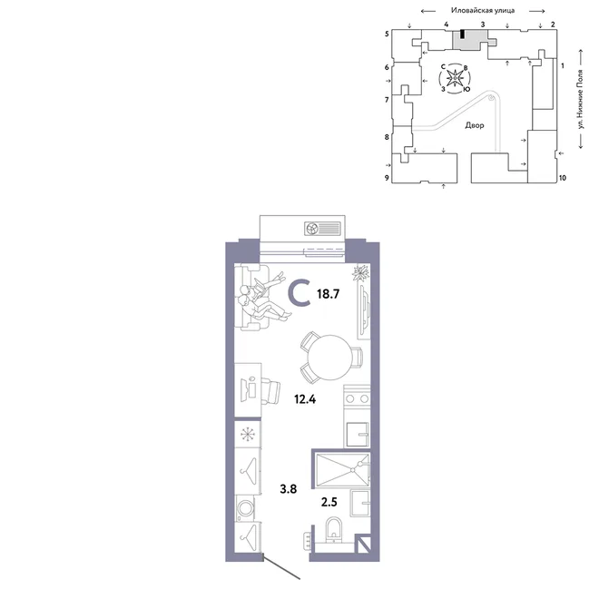 Планировка Студия, 18.7 м² ЖК «Страна.Заречная»